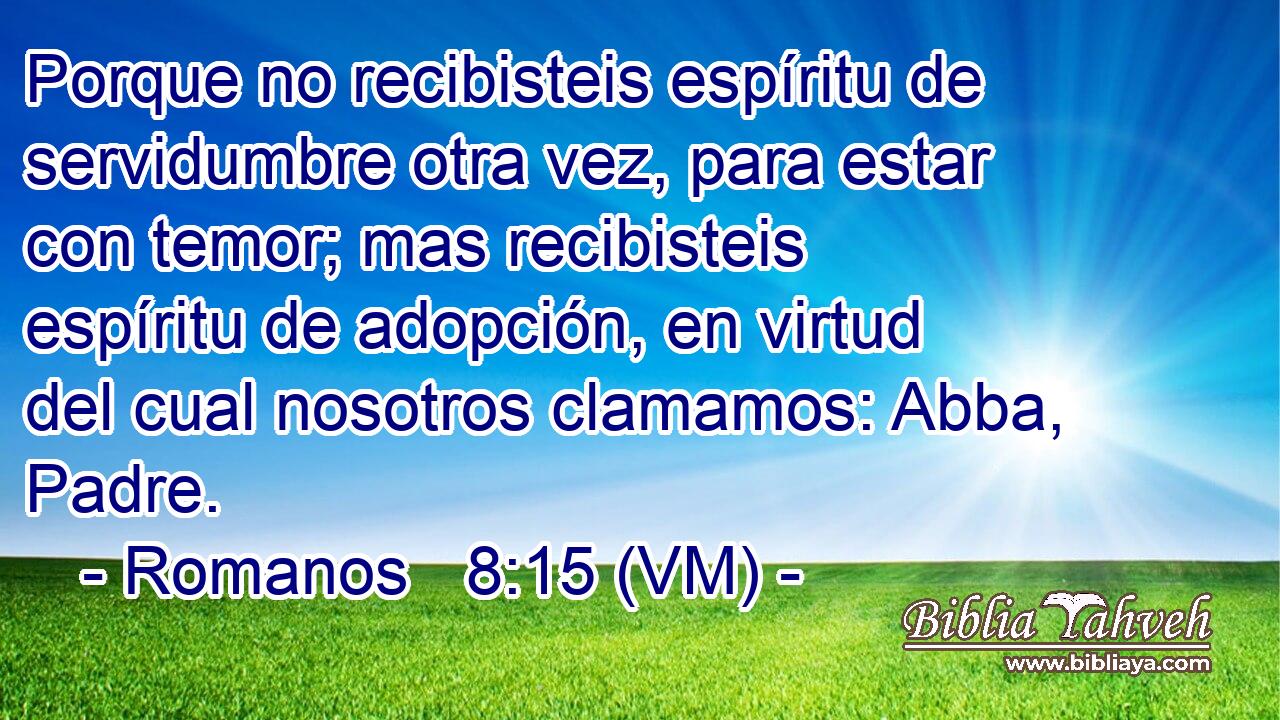  Porque no recibisteis espíritu de servidumbre otra vez, para estar con temor; mas recibisteis espíritu de adopción, en virtud del cual nosotros clamamos: Abba, Padre. 