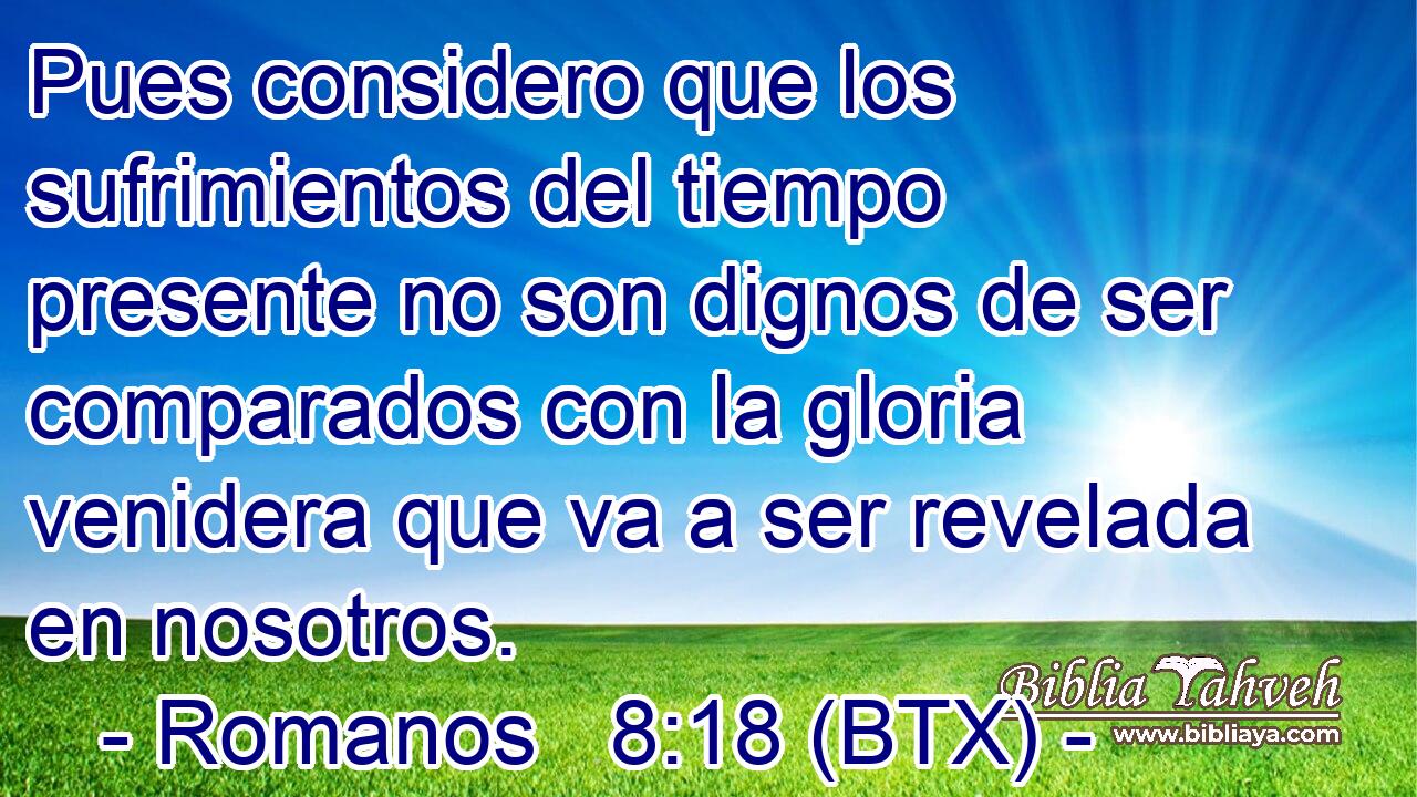 Pues considero que los sufrimientos del tiempo presente no son dignos de ser comparados con la gloria venidera que va a ser revelada en nosotros.