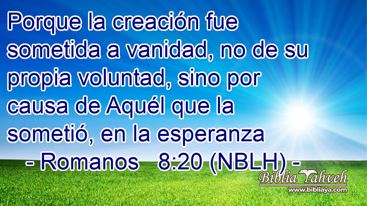  Porque la creación fue sometida a vanidad, no de su propia voluntad, sino por causa de Aquél que la sometió, en la esperanza 