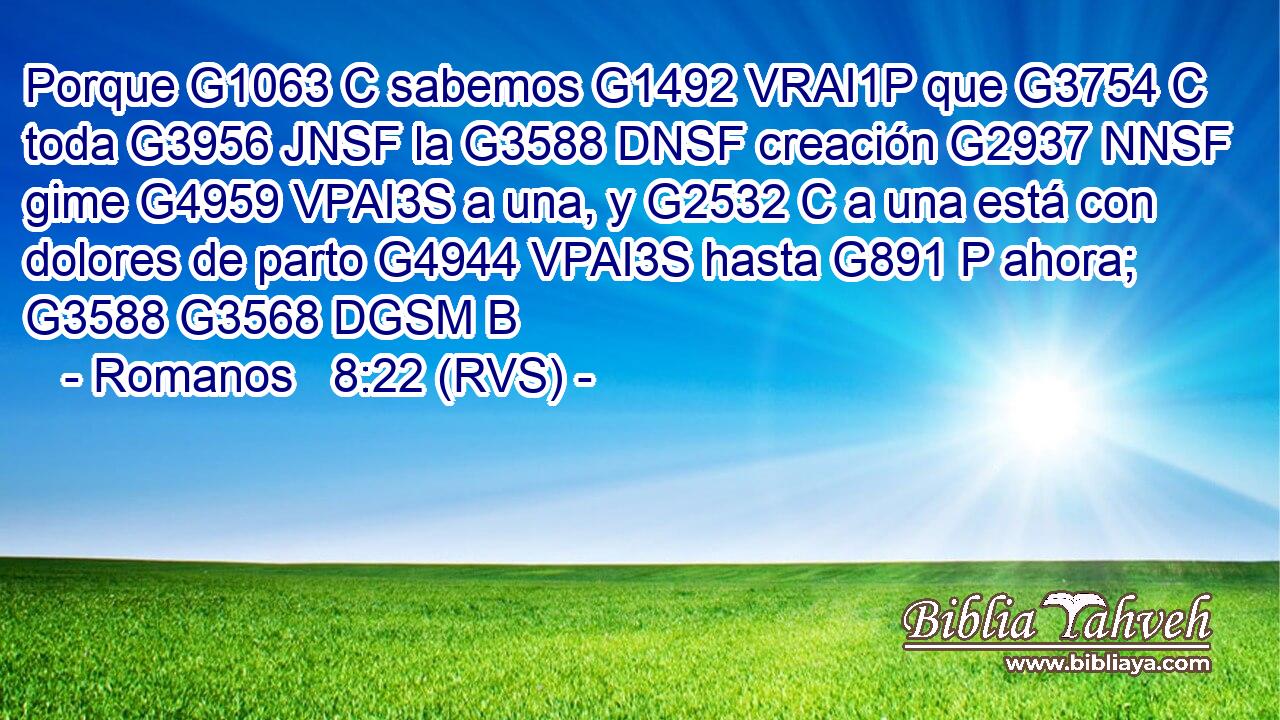 Porque G1063 C sabemos G1492 VRAI1P que G3754 C toda G3956 JNSF la G3588 DNSF creación G2937 NNSF gime G4959 VPAI3S a una, y G2532 C a una está con dolores de parto G4944 VPAI3S hasta G891 P ahora; G3588 G3568 DGSM B 