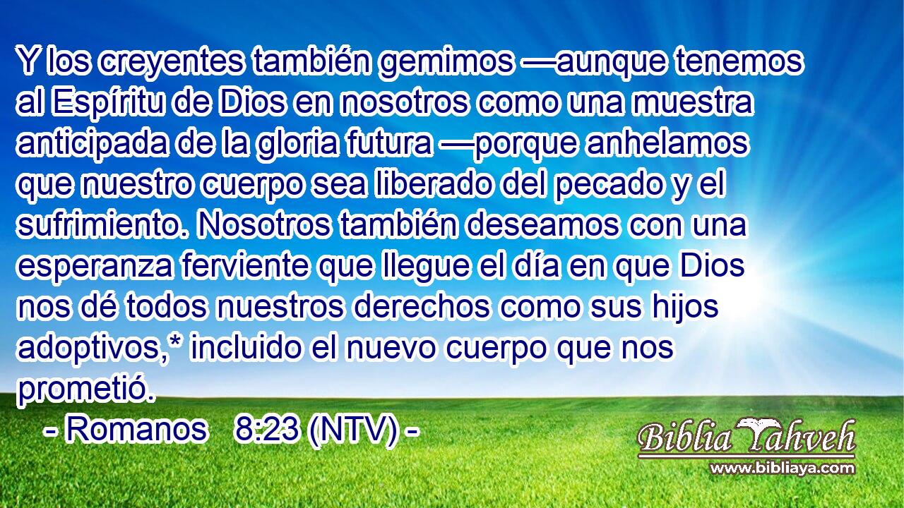 Y los creyentes también gemimos —aunque tenemos al Espíritu de Dios en nosotros como una muestra anticipada de la gloria futura —porque anhelamos que nuestro cuerpo sea liberado del pecado y el sufrimiento. Nosotros también deseamos con una esperanza ferviente que llegue el día en que Dios nos dé todos nuestros derechos como sus hijos adoptivos,* incluido el nuevo cuerpo que nos prometió.