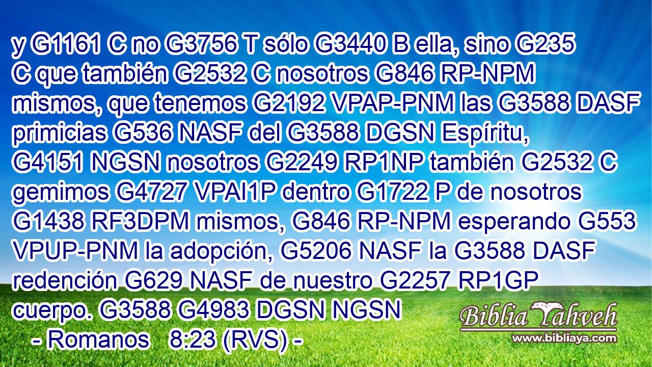 y G1161 C no G3756 T sólo G3440 B ella, sino G235 C que también G2532 C nosotros G846 RP-NPM mismos, que tenemos G2192 VPAP-PNM las G3588 DASF primicias G536 NASF del G3588 DGSN Espíritu, G4151 NGSN nosotros G2249 RP1NP también G2532 C gemimos G4727 VPAI1P dentro G1722 P de nosotros G1438 RF3DPM mismos, G846 RP-NPM esperando G553 VPUP-PNM la adopción, G5206 NASF la G3588 DASF redención G629 NASF de nuestro G2257 RP1GP cuerpo. G3588 G4983 DGSN NGSN 