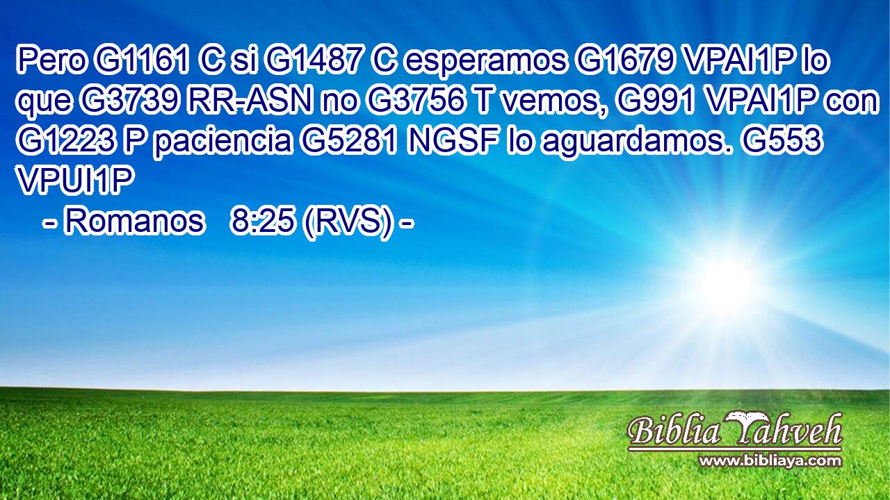 Pero G1161 C si G1487 C esperamos G1679 VPAI1P lo que G3739 RR-ASN no G3756 T vemos, G991 VPAI1P con G1223 P paciencia G5281 NGSF lo aguardamos. G553 VPUI1P 