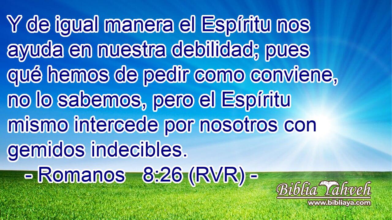 Y de igual manera el Espíritu nos ayuda en nuestra debilidad; pues qué hemos de pedir como conviene, no lo sabemos, pero el Espíritu mismo intercede por nosotros con gemidos indecibles.