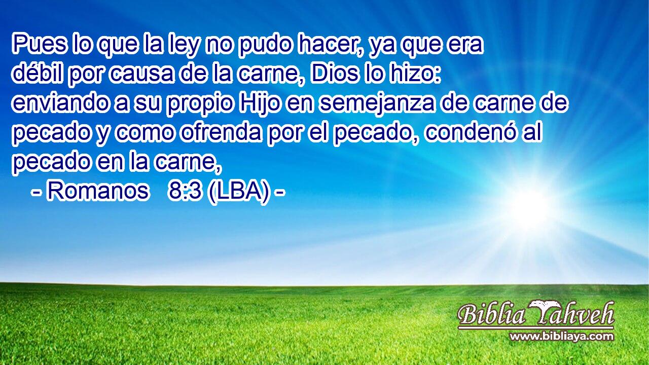 Pues lo que la ley no pudo hacer, ya que era débil por causa de la carne, Dios lo hizo: enviando a su propio Hijo en semejanza de carne de pecado y como ofrenda por el pecado, condenó al pecado en la carne,