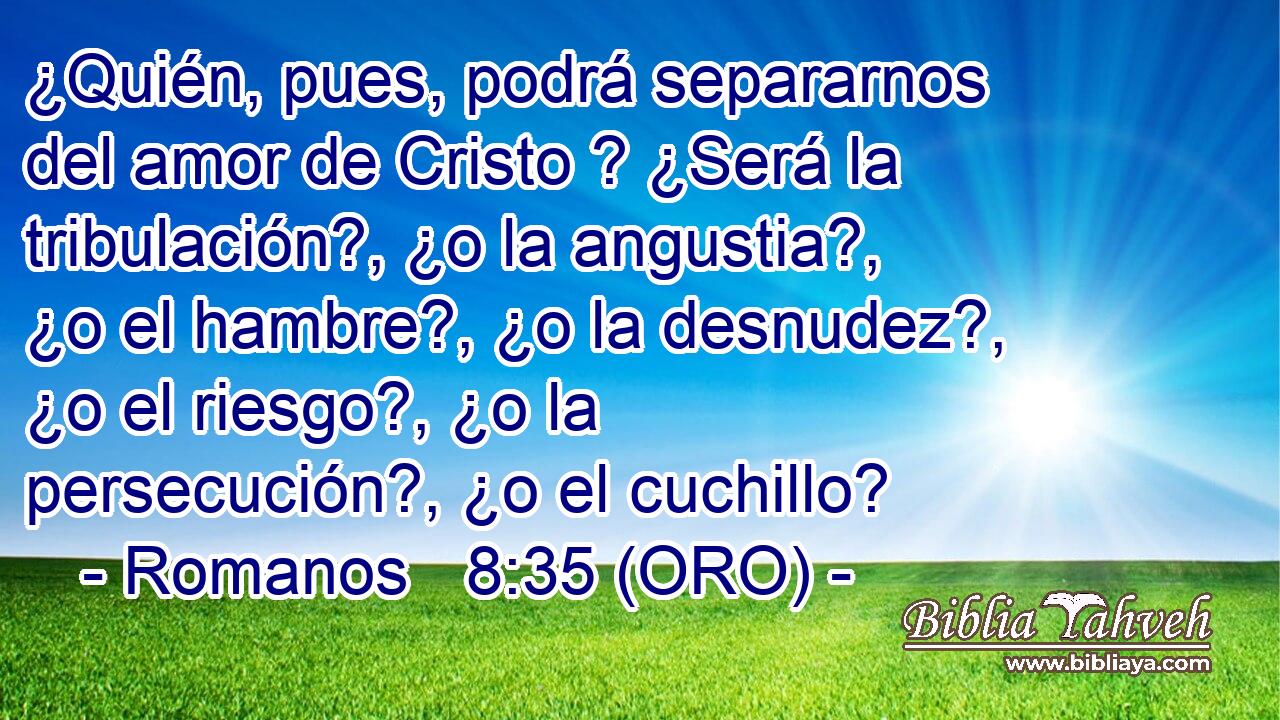  ¿Quién, pues, podrá separarnos del amor de Cristo ? ¿Será la tribulación?, ¿o la angustia?, ¿o el hambre?, ¿o la desnudez?, ¿o el riesgo?, ¿o la persecución?, ¿o el cuchillo? 