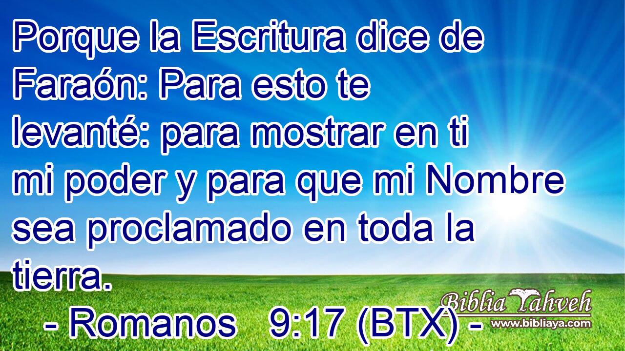 Porque la Escritura dice de Faraón: Para esto te levanté: para mostrar en ti mi poder y para que mi Nombre sea proclamado en toda la tierra.