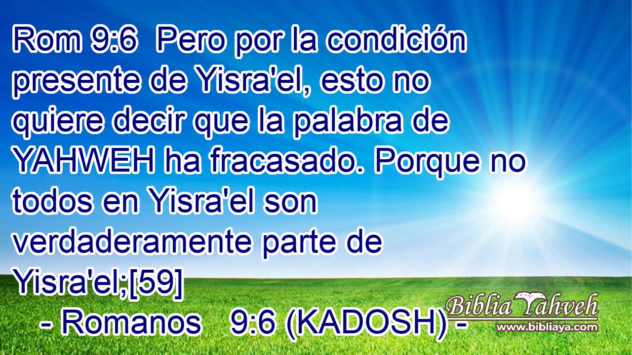  Pero por la condición presente de Yisra'el, esto no quiere decir que la palabra de YAHWEH ha fracasado. Porque no todos en Yisra'el son verdaderamente parte de Yisra'el;[59] 