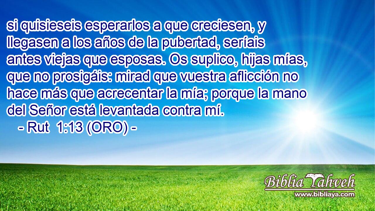  si quisieseis esperarlos a que creciesen, y llegasen a los años de la pubertad, seríais antes viejas que esposas. Os suplico, hijas mías, que no prosigáis: mirad que vuestra aflicción no hace más que acrecentar la mía; porque la mano del Señor está levantada contra mí. 