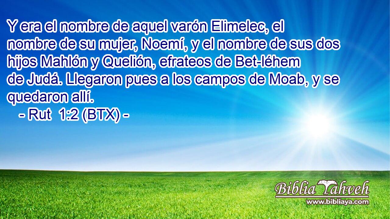 Y era el nombre de aquel varón Elimelec, el nombre de su mujer, Noemí, y el nombre de sus dos hijos Mahlón y Quelión, efrateos de Bet-léhem de Judá. Llegaron pues a los campos de Moab, y se quedaron allí.