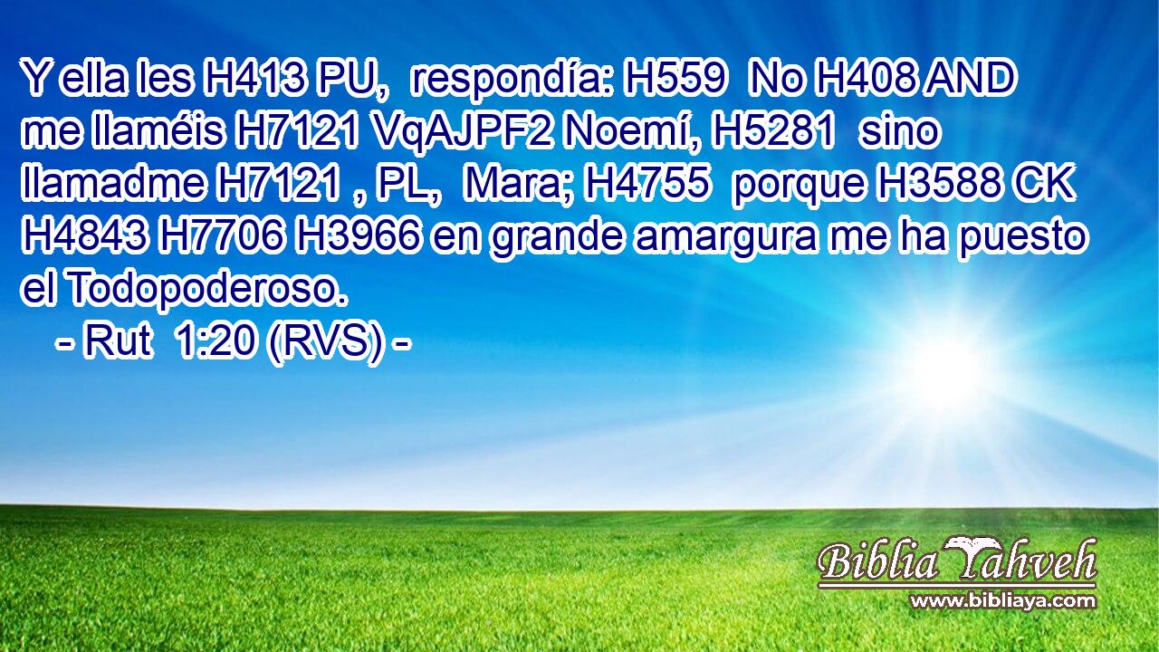 Y ella les H413 PU,  respondía: H559  No H408 AND me llaméis H7121 VqAJPF2 Noemí, H5281  sino llamadme H7121 , PL,  Mara; H4755  porque H3588 CK H4843 H7706 H3966 en grande amargura me ha puesto el Todopoderoso. 