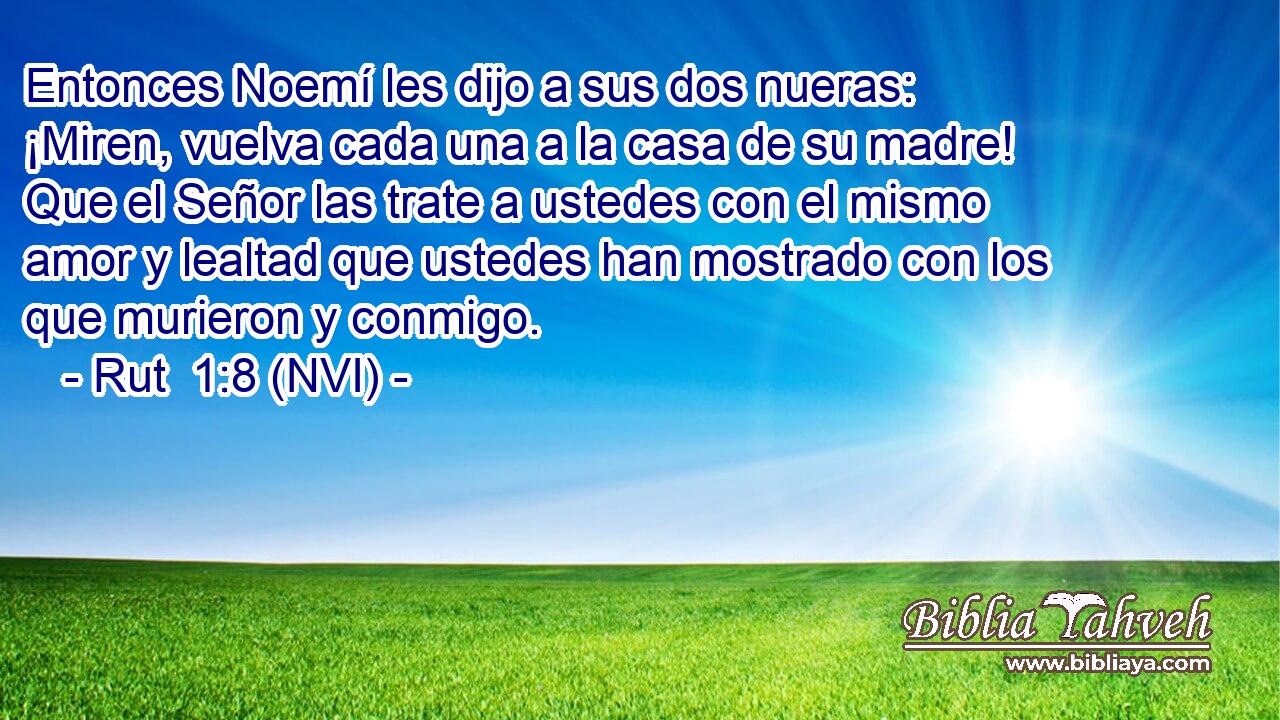  Entonces Noemí les dijo a sus dos nueras: ¡Miren, vuelva cada una a la casa de su madre! Que el Señor las trate a ustedes con el mismo amor y lealtad que ustedes han mostrado con los que murieron y conmigo. 