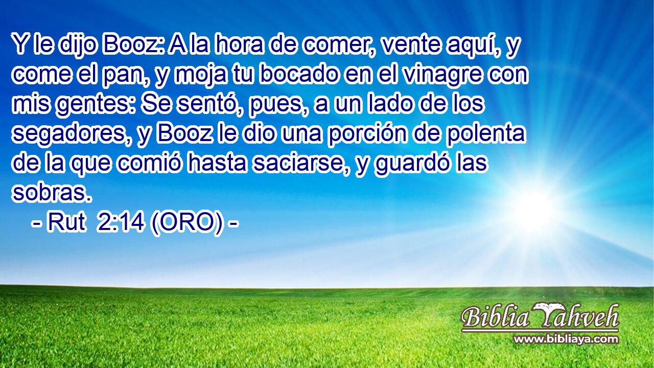  Y le dijo Booz: A la hora de comer, vente aquí, y come el pan, y moja tu bocado en el vinagre con mis gentes: Se sentó, pues, a un lado de los segadores, y Booz le dio una porción de polenta de la que comió hasta saciarse, y guardó las sobras. 