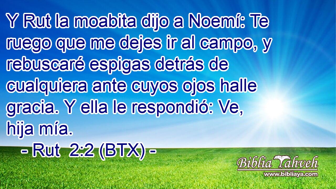 Y Rut la moabita dijo a Noemí: Te ruego que me dejes ir al campo, y rebuscaré espigas detrás de cualquiera ante cuyos ojos halle gracia. Y ella le respondió: Ve, hija mía.