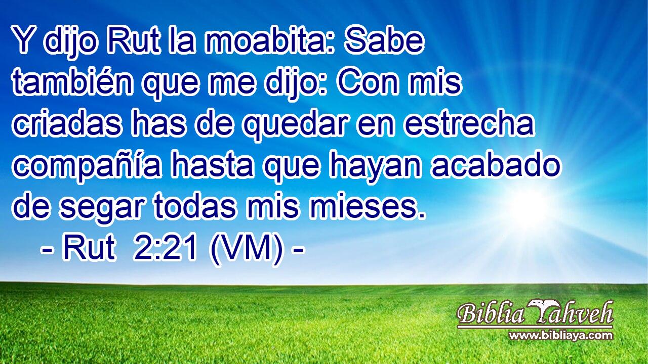  Y dijo Rut la moabita: Sabe también que me dijo: Con mis criadas has de quedar en estrecha compañía hasta que hayan acabado de segar todas mis mieses. 