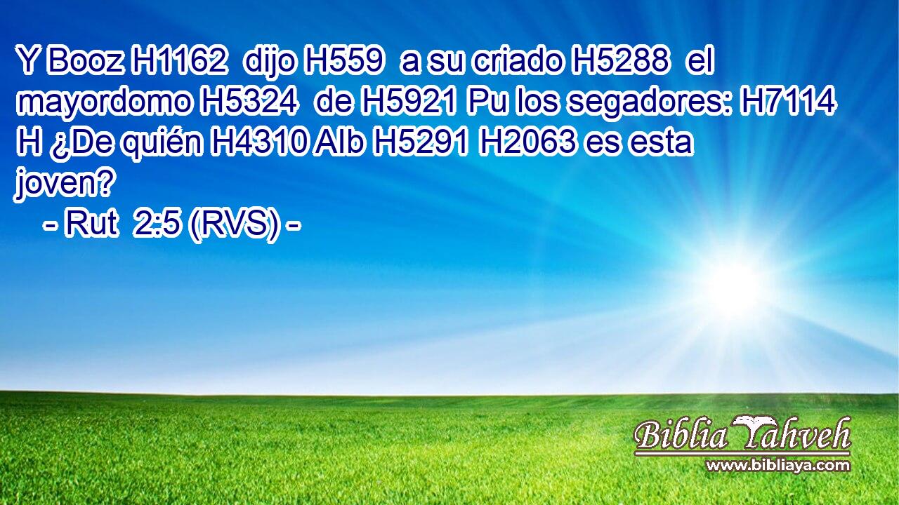 Y Booz H1162  dijo H559  a su criado H5288  el mayordomo H5324  de H5921 Pu los segadores: H7114 H ¿De quién H4310 AIb H5291 H2063 es esta joven? 