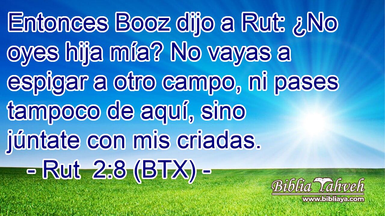 Entonces Booz dijo a Rut: ¿No oyes hija mía? No vayas a espigar a otro campo, ni pases tampoco de aquí, sino júntate con mis criadas.