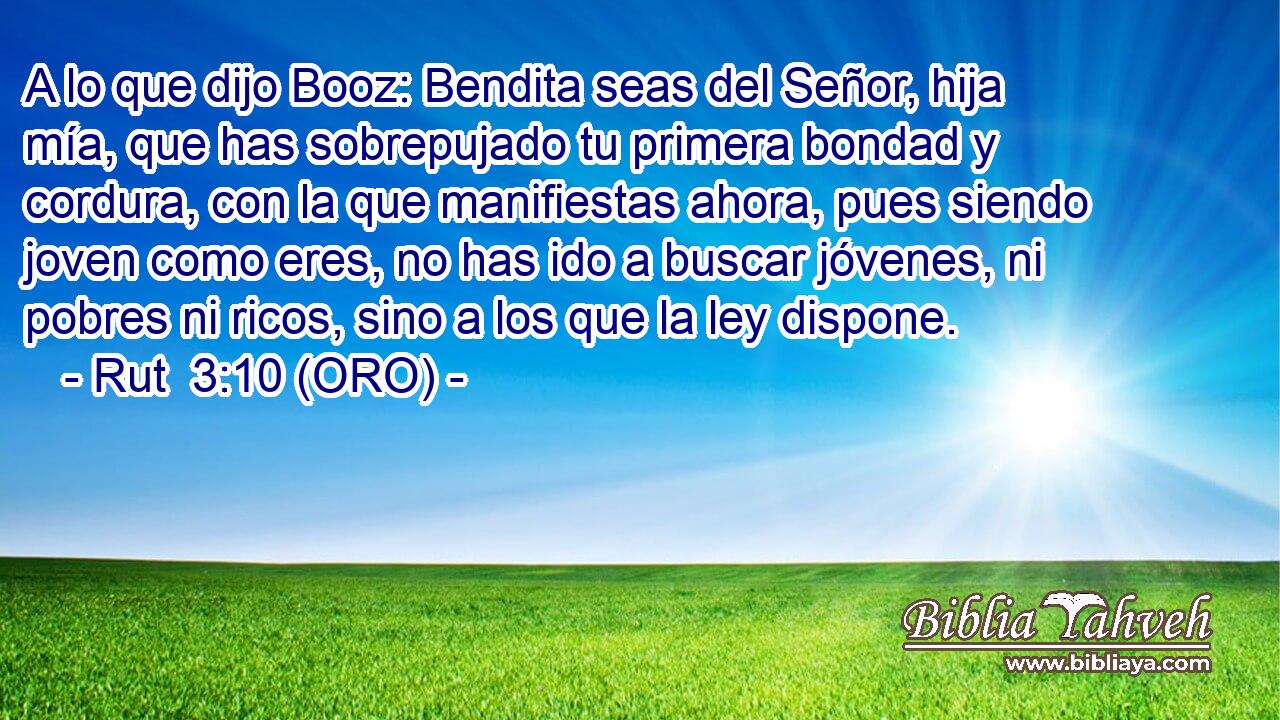  A lo que dijo Booz: Bendita seas del Señor, hija mía, que has sobrepujado tu primera bondad y cordura, con la que manifiestas ahora, pues siendo joven como eres, no has ido a buscar jóvenes, ni pobres ni ricos, sino a los que la ley dispone. 