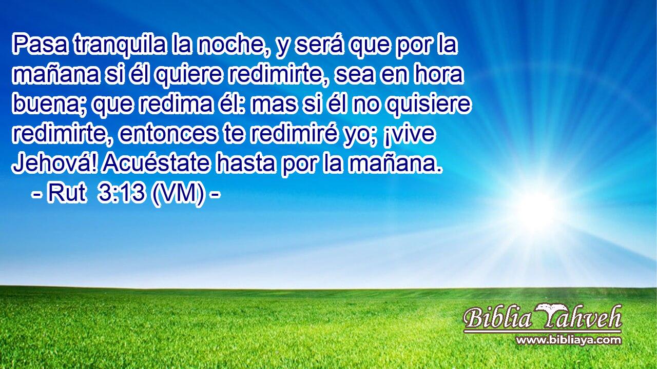 Pasa tranquila la noche, y será que por la mañana si él quiere redimirte, sea en hora buena; que redima él: mas si él no quisiere redimirte, entonces te redimiré yo; ¡vive Jehová! Acuéstate hasta por la mañana. 