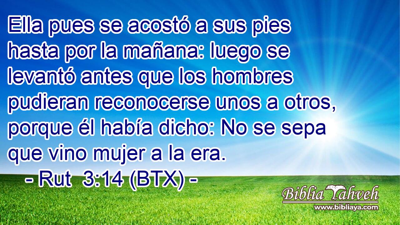 Ella pues se acostó a sus pies hasta por la mañana: luego se levantó antes que los hombres pudieran reconocerse unos a otros, porque él había dicho: No se sepa que vino mujer a la era.