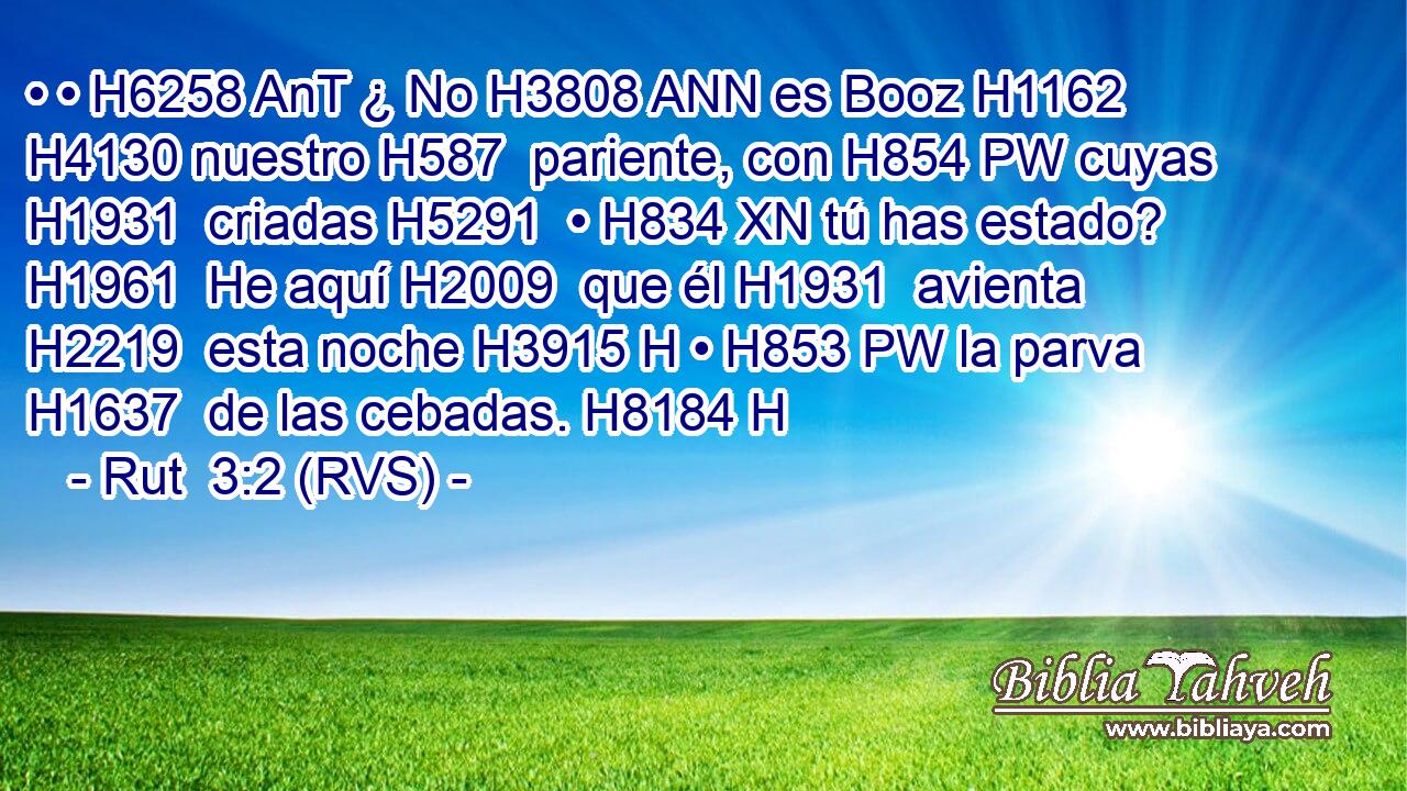 • • H6258 AnT ¿ No H3808 ANN es Booz H1162  H4130 nuestro H587  pariente, con H854 PW cuyas H1931  criadas H5291  • H834 XN tú has estado? H1961  He aquí H2009  que él H1931  avienta H2219  esta noche H3915 H • H853 PW la parva H1637  de las cebadas. H8184 H 