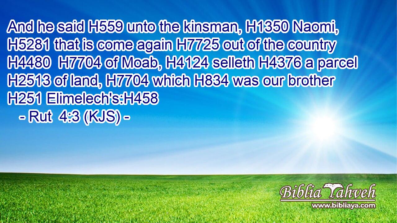 And he said H559 unto the kinsman, H1350 Naomi, H5281 that is come again H7725 out of the country H4480  H7704 of Moab, H4124 selleth H4376 a parcel H2513 of land, H7704 which H834 was our brother H251 Elimelech's:H458