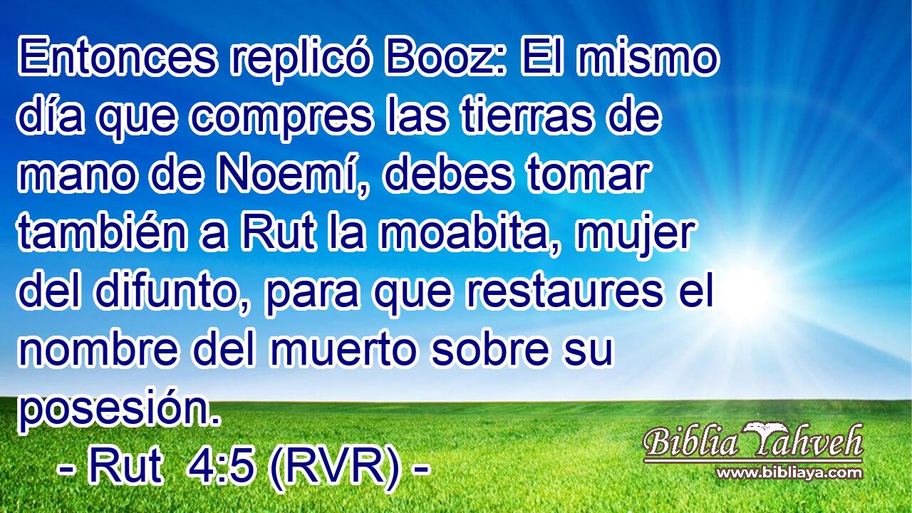 Entonces replicó Booz: El mismo día que compres las tierras de mano de Noemí, debes tomar también a Rut la moabita, mujer del difunto, para que restaures el nombre del muerto sobre su posesión.