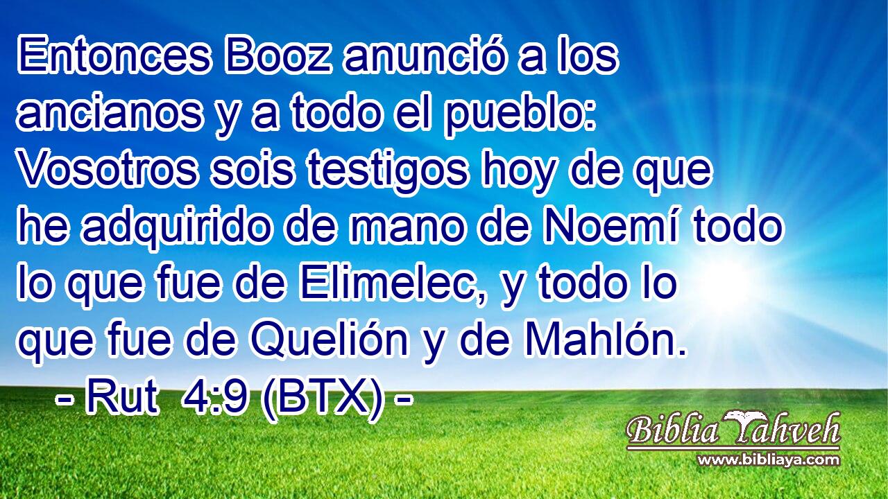 Entonces Booz anunció a los ancianos y a todo el pueblo: Vosotros sois testigos hoy de que he adquirido de mano de Noemí todo lo que fue de Elimelec, y todo lo que fue de Quelión y de Mahlón.