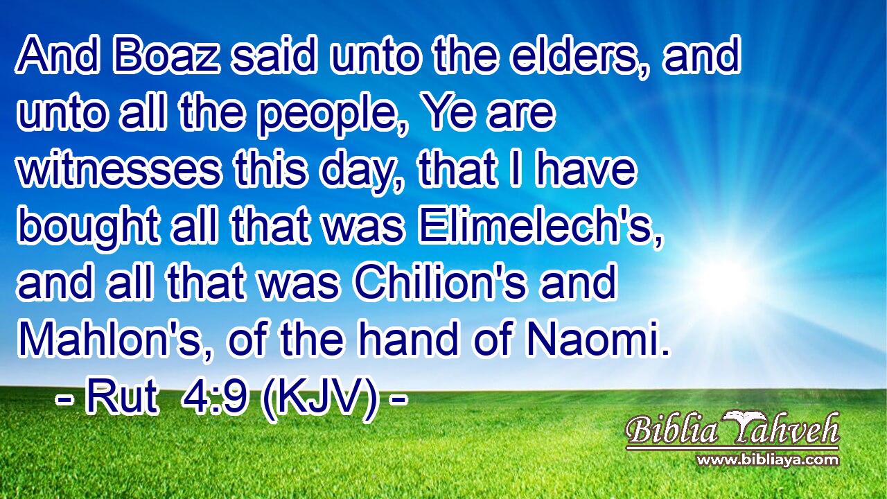 And Boaz said unto the elders, and unto all the people, Ye are witnesses this day, that I have bought all that was Elimelech's, and all that was Chilion's and Mahlon's, of the hand of Naomi.