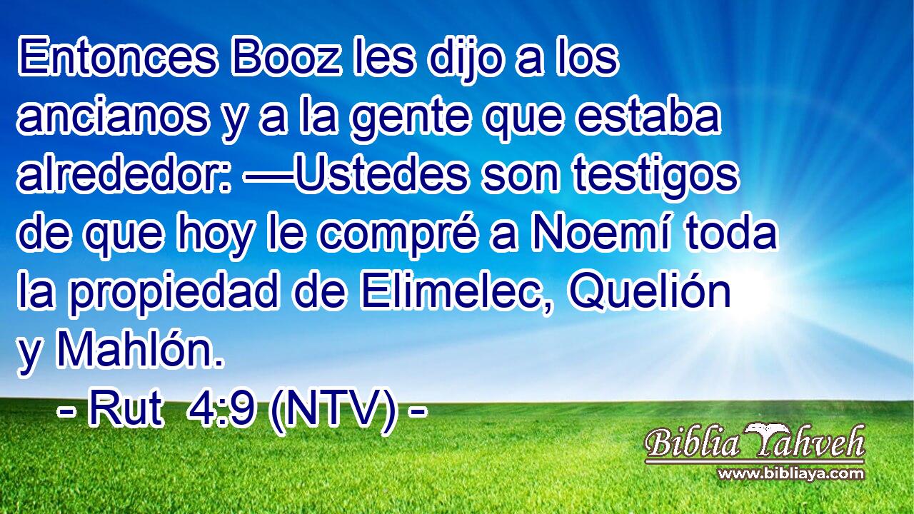 Entonces Booz les dijo a los ancianos y a la gente que estaba alrededor: —Ustedes son testigos de que hoy le compré a Noemí toda la propiedad de Elimelec, Quelión y Mahlón.