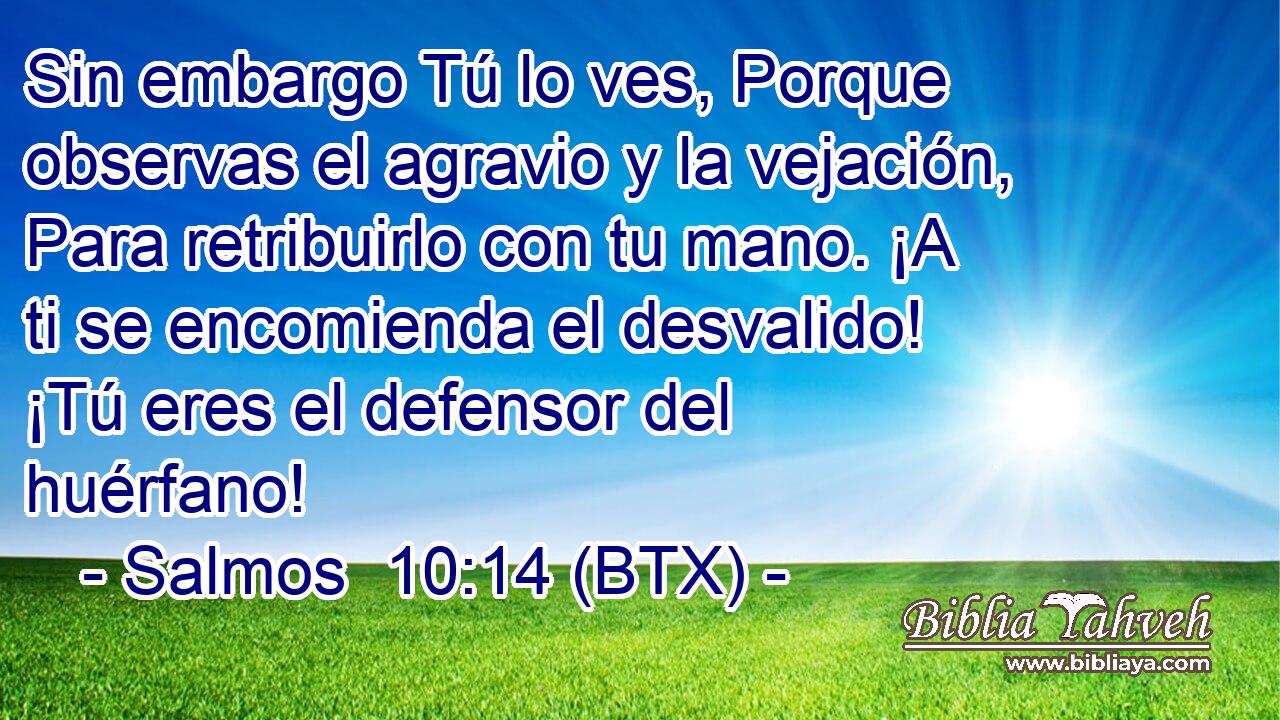 Sin embargo Tú lo ves, Porque observas el agravio y la vejación, Para retribuirlo con tu mano. ¡A ti se encomienda el desvalido! ¡Tú eres el defensor del huérfano!