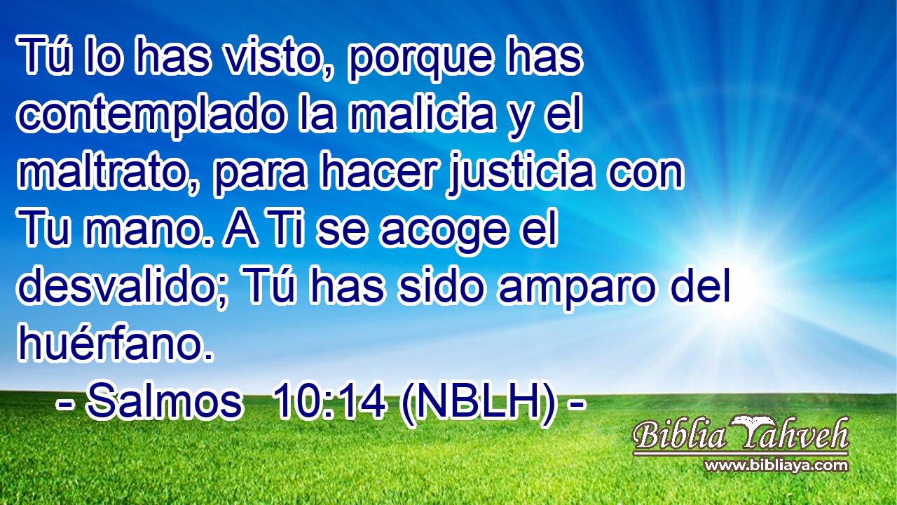  Tú lo has visto, porque has contemplado la malicia y el maltrato, para hacer justicia con Tu mano. A Ti se acoge el desvalido; Tú has sido amparo del huérfano. 