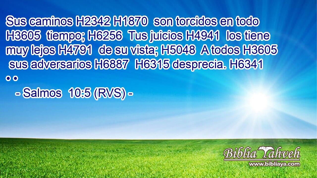 Sus caminos H2342 H1870  son torcidos en todo H3605  tiempo; H6256  Tus juicios H4941  los tiene muy lejos H4791  de su vista; H5048  A todos H3605  sus adversarios H6887  H6315 desprecia. H6341  • • 