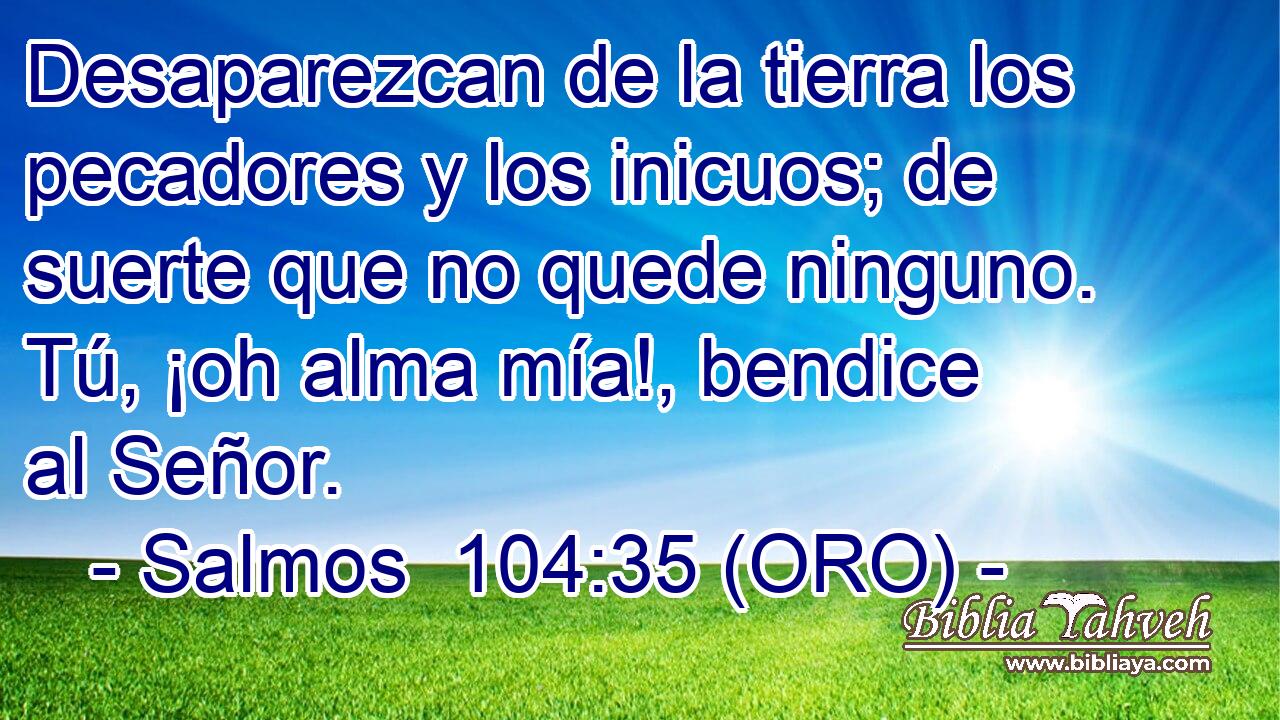 Desaparezcan de la tierra los pecadores y los inicuos; de suerte que no quede ninguno. Tú, ¡oh alma mía!, bendice al Señor. 