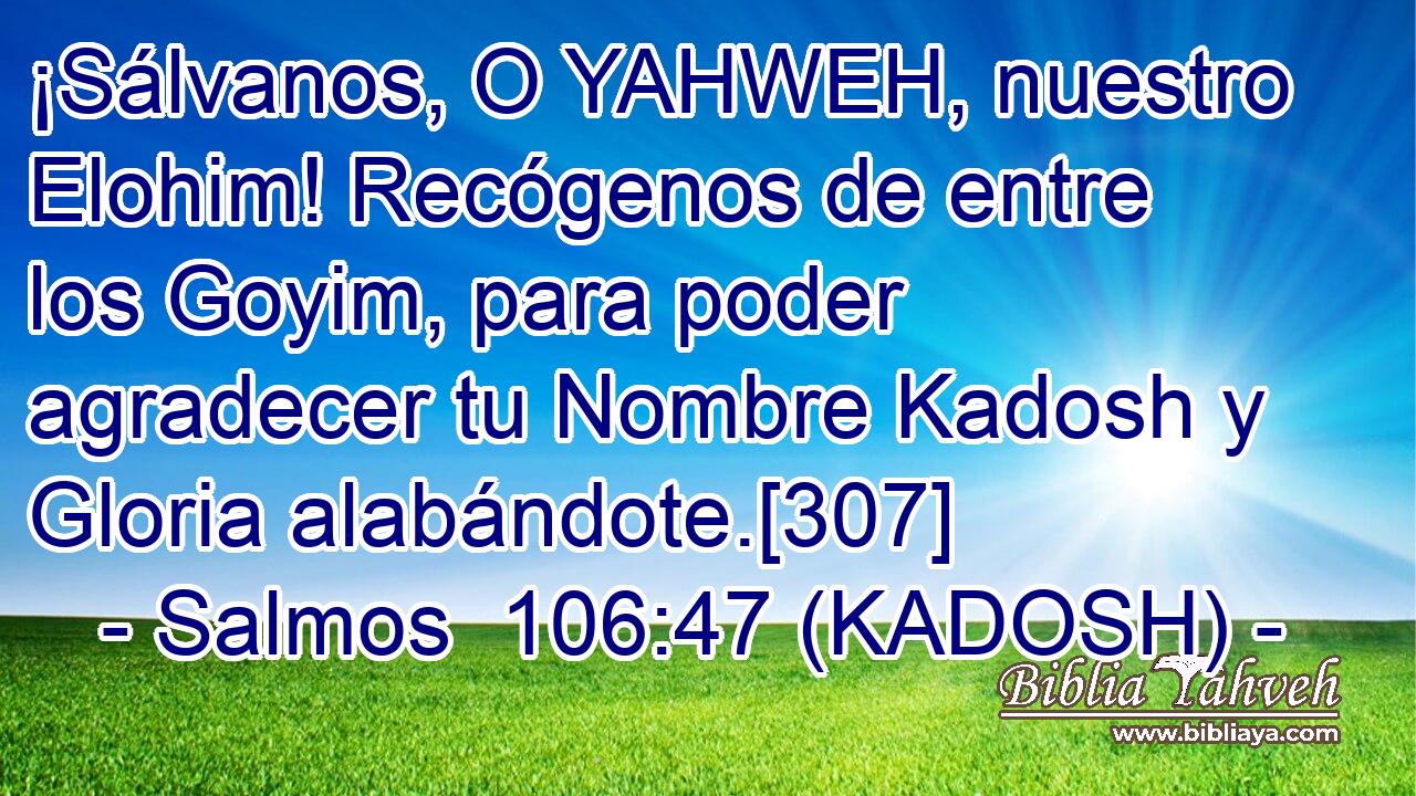  ¡Sálvanos, O YAHWEH, nuestro Elohim! Recógenos de entre los Goyim, para poder agradecer tu Nombre Kadosh y Gloria alabándote.[307] 