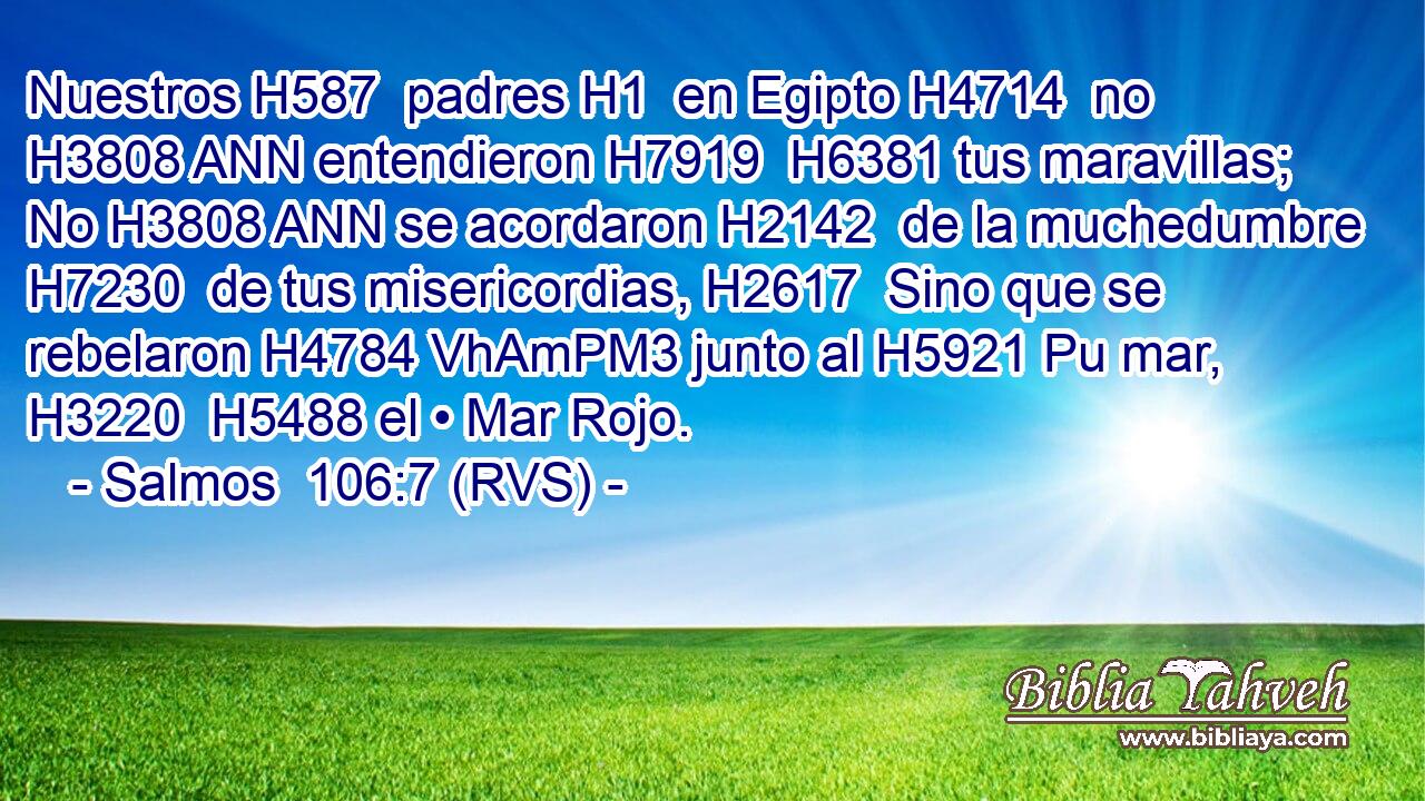 Nuestros H587  padres H1  en Egipto H4714  no H3808 ANN entendieron H7919  H6381 tus maravillas; No H3808 ANN se acordaron H2142  de la muchedumbre H7230  de tus misericordias, H2617  Sino que se rebelaron H4784 VhAmPM3 junto al H5921 Pu mar, H3220  H5488 el • Mar Rojo. 