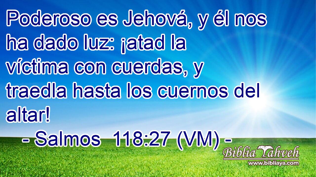  Poderoso es Jehová, y él nos ha dado luz: ¡atad la víctima con cuerdas, y traedla hasta los cuernos del altar! 