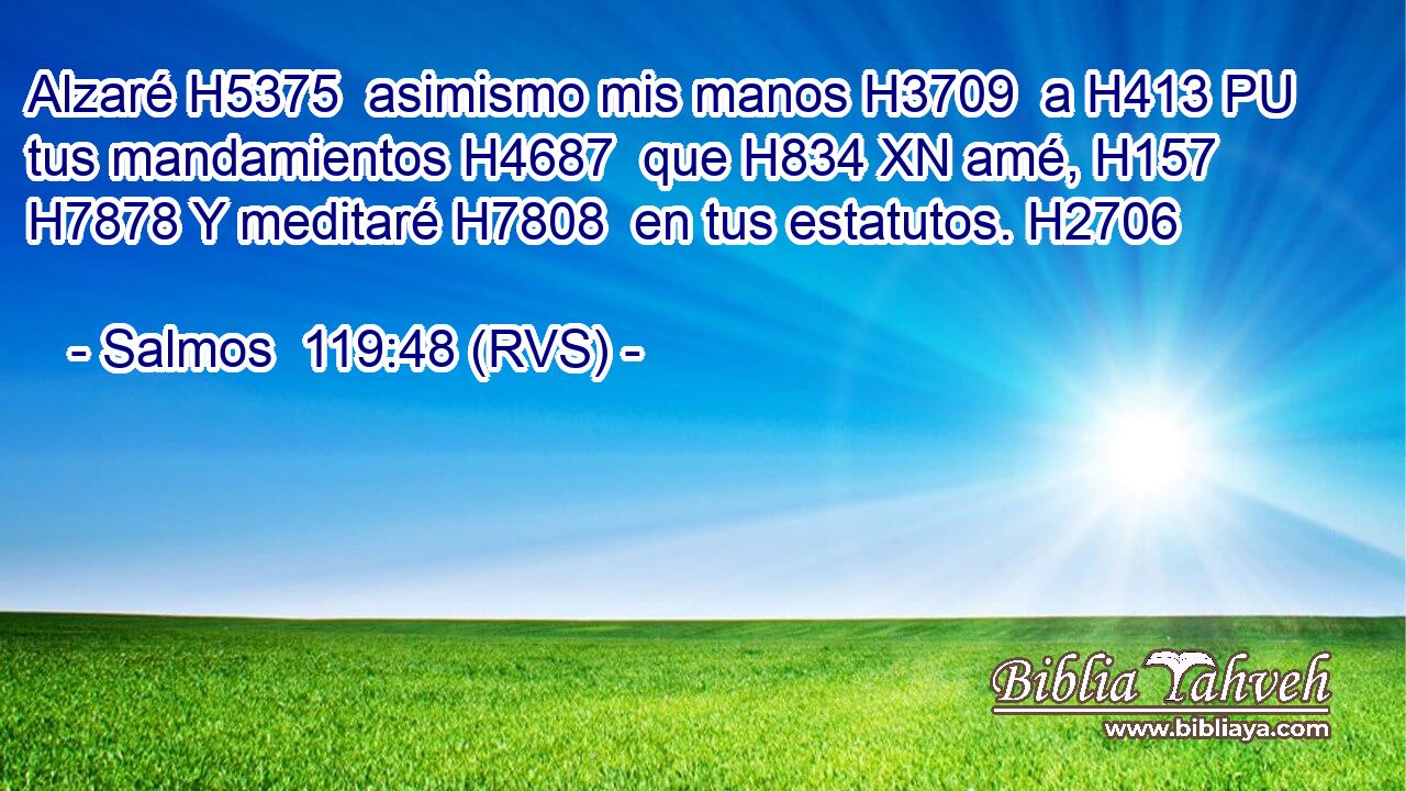Alzaré H5375  asimismo mis manos H3709  a H413 PU tus mandamientos H4687  que H834 XN amé, H157  H7878 Y meditaré H7808  en tus estatutos. H2706  