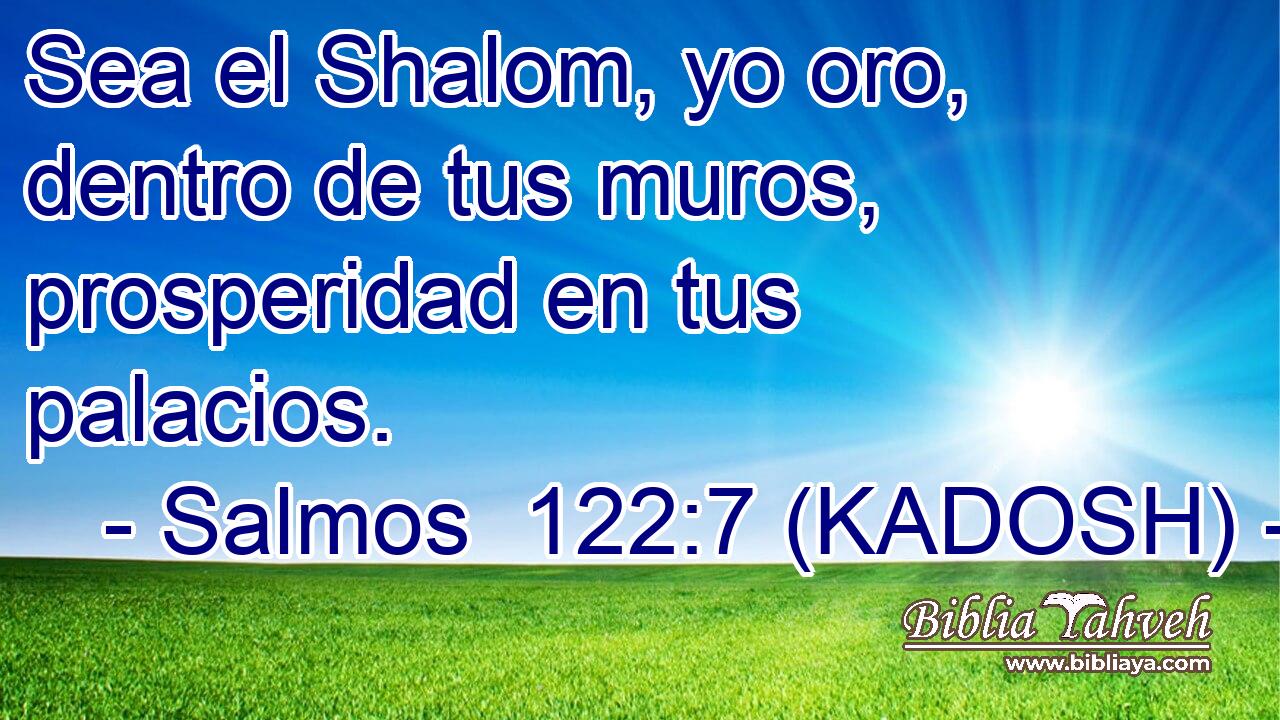  Sea el Shalom, yo oro, dentro de tus muros, prosperidad en tus palacios. 