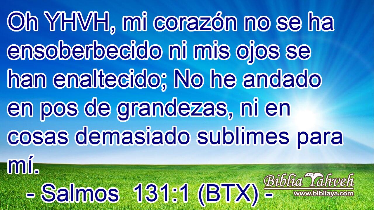 Oh YHVH, mi corazón no se ha ensoberbecido ni mis ojos se han enaltecido; No he andado en pos de grandezas, ni en cosas demasiado sublimes para mí.