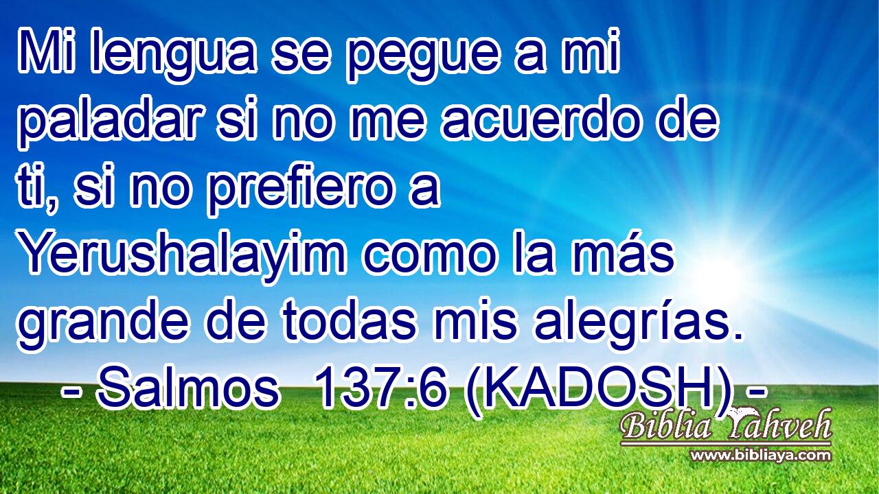  Mi lengua se pegue a mi paladar si no me acuerdo de ti, si no prefiero a Yerushalayim como la más grande de todas mis alegrías. 