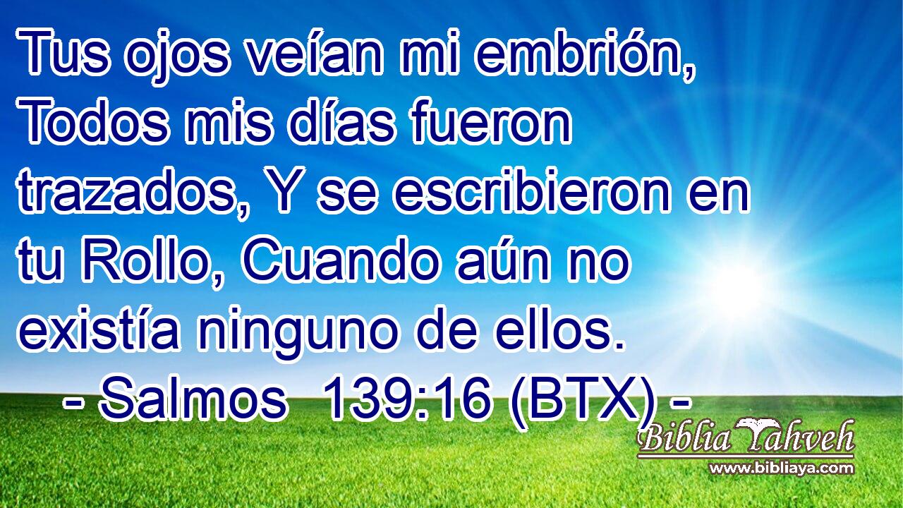Tus ojos veían mi embrión, Todos mis días fueron trazados, Y se escribieron en tu Rollo, Cuando aún no existía ninguno de ellos.
