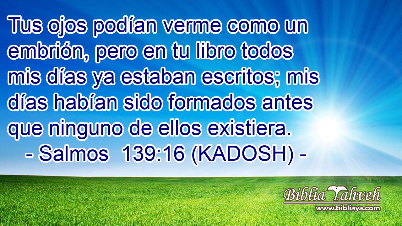  Tus ojos podían verme como un embrión, pero en tu libro todos mis días ya estaban escritos; mis días habían sido formados antes que ninguno de ellos existiera. 
