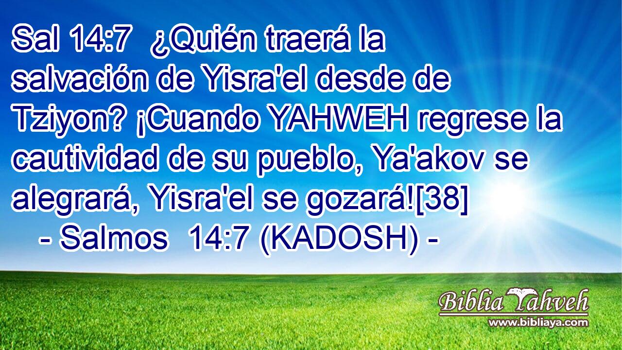 ¿Quién traerá la salvación de Yisra'el desde de Tziyon? ¡Cuando YAHWEH regrese la cautividad de su pueblo, Ya'akov se alegrará, Yisra'el se gozará![38] 
