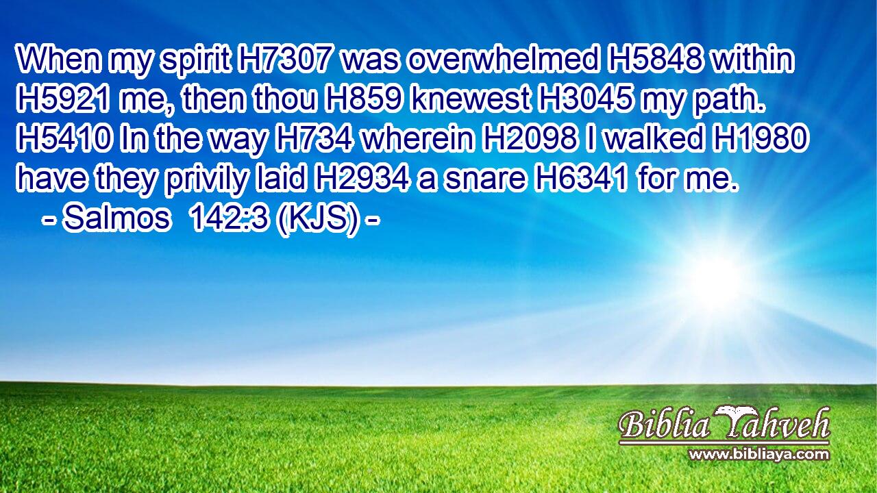 When my spirit H7307 was overwhelmed H5848 within H5921 me, then thou H859 knewest H3045 my path. H5410 In the way H734 wherein H2098 I walked H1980 have they privily laid H2934 a snare H6341 for me.