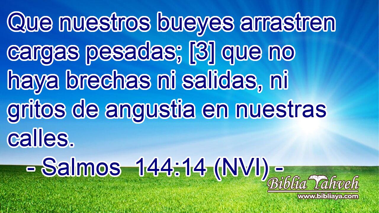  Que nuestros bueyes arrastren cargas pesadas; [3] que no haya brechas ni salidas, ni gritos de angustia en nuestras calles. 