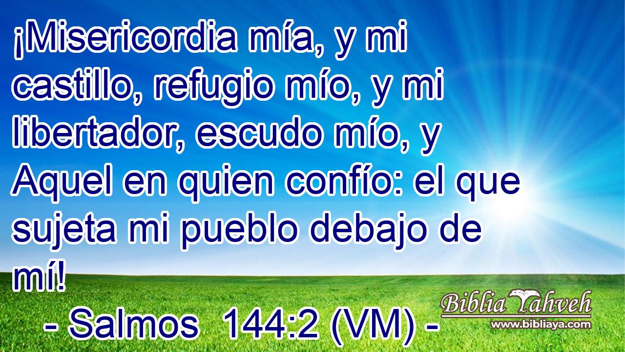  ¡Misericordia mía, y mi castillo, refugio mío, y mi libertador, escudo mío, y Aquel en quien confío: el que sujeta mi pueblo debajo de mí! 