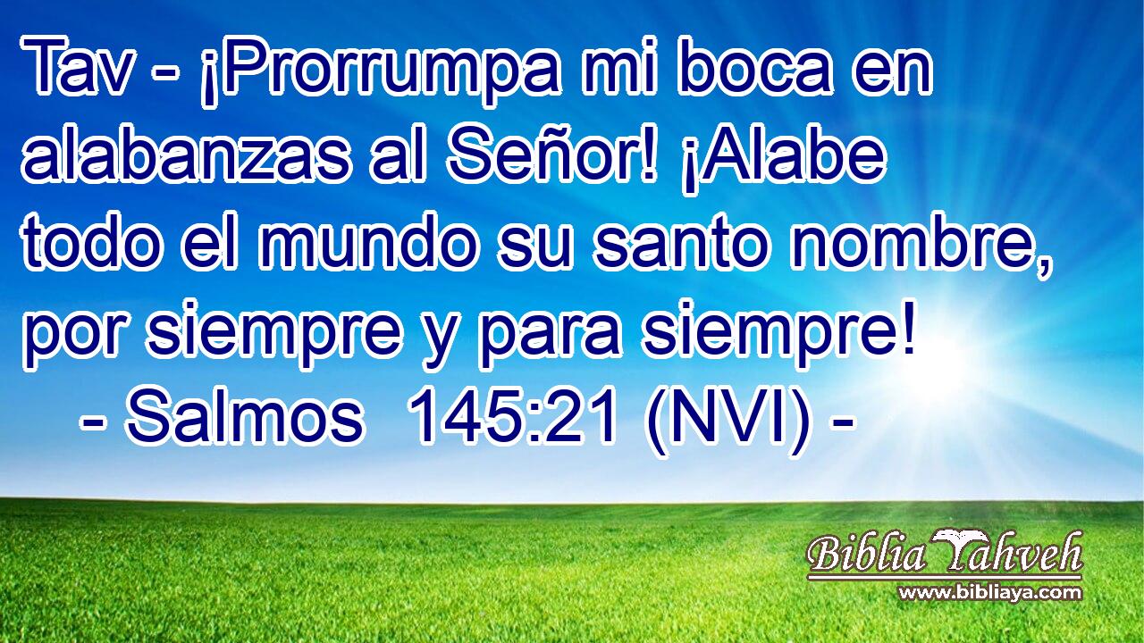  Tav - ¡Prorrumpa mi boca en alabanzas al Señor! ¡Alabe todo el mundo su santo nombre, por siempre y para siempre! 