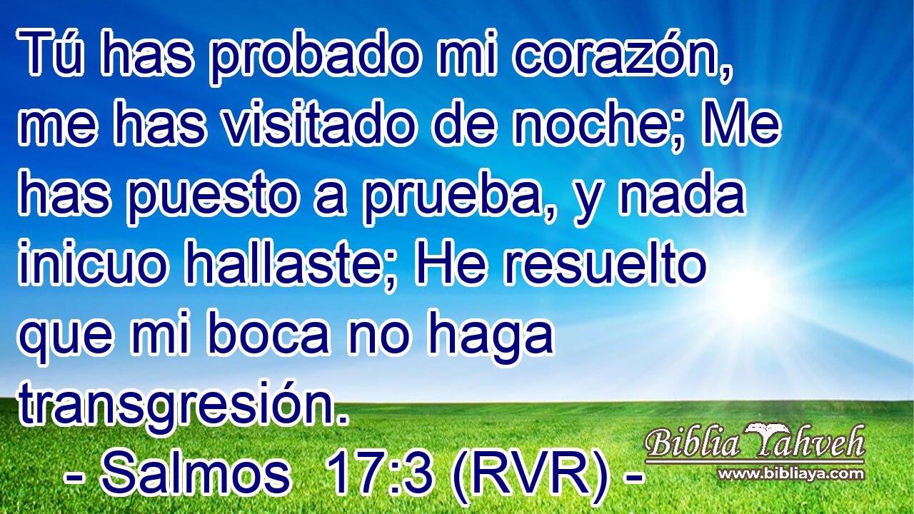Tú has probado mi corazón, me has visitado de noche; Me has puesto a prueba, y nada inicuo hallaste; He resuelto que mi boca no haga transgresión.