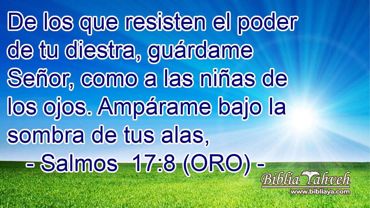  De los que resisten el poder de tu diestra, guárdame Señor, como a las niñas de los ojos. Ampárame bajo la sombra de tus alas, 